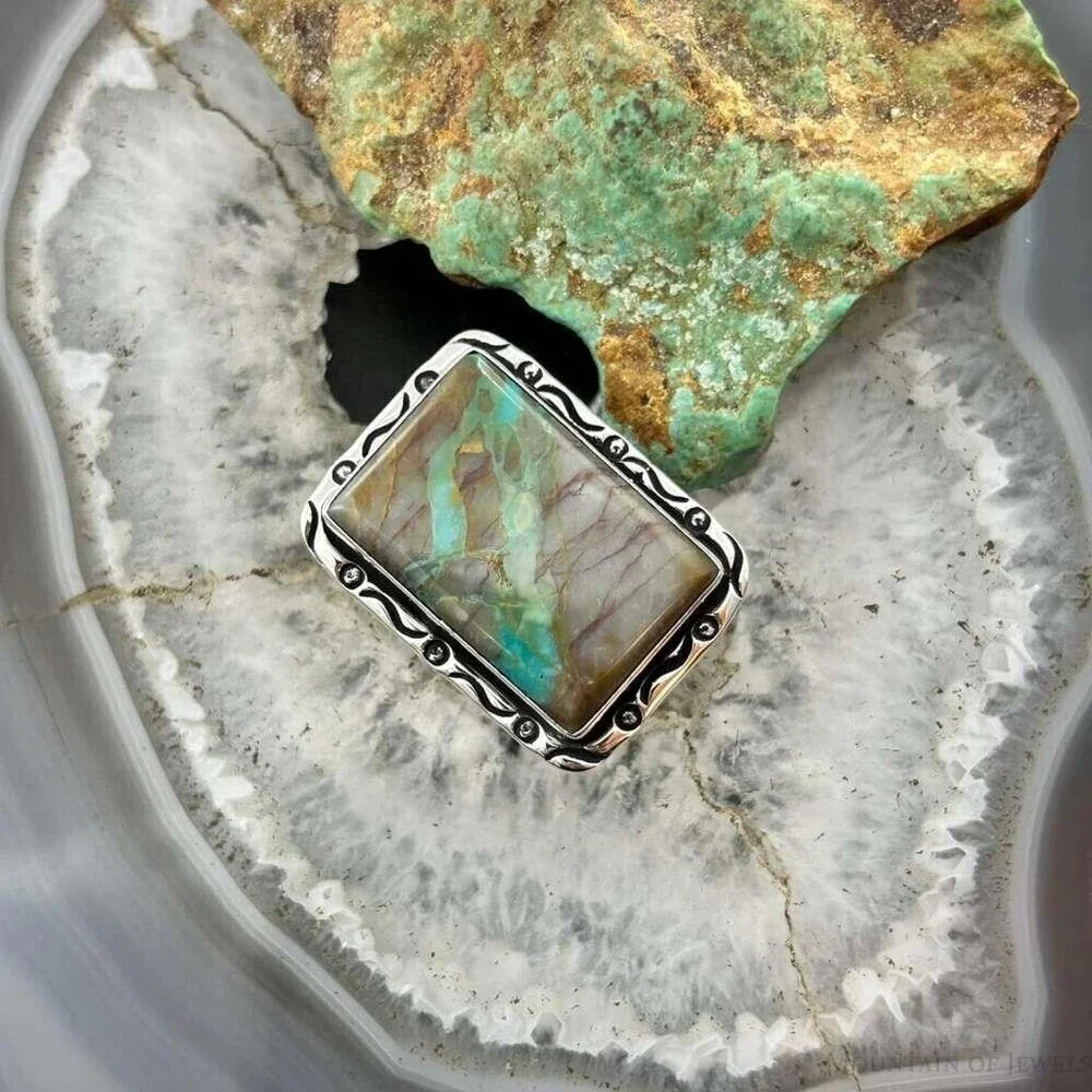 Native American Sterling Rectangle Boulder Ribbon Turquoise Bar Ring Size 7.25